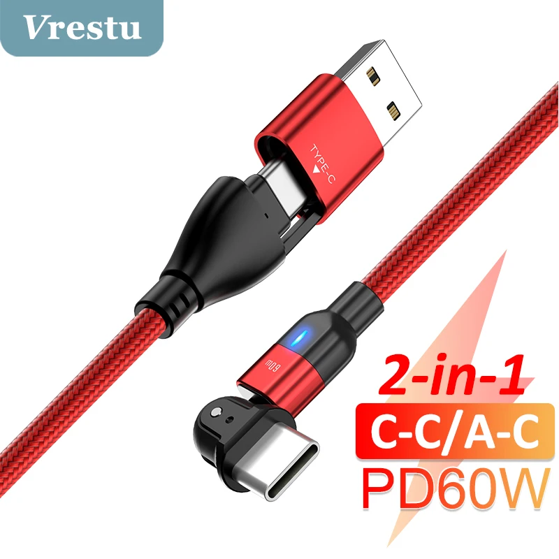 

2 in 1 PD 60W USB Type C to Type-C Cable 3A Fast Charging Charger Wire For Xiaomi Samsung Huawei Oneplus USB-C Rotate Wire Cord