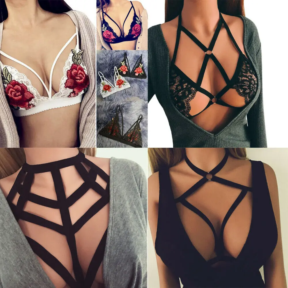 

Women Sexy Ladies Bra Elastic Cage Bra Strappy Hollow Out Halter Bra Bustier Top