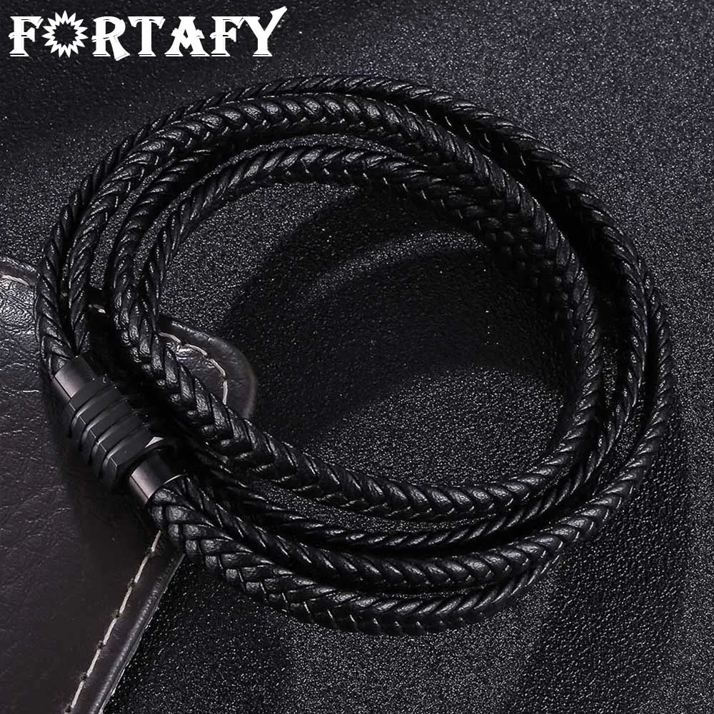 

FORTAFY Black Multilayer Braided Leather Wrap Bracelet Bangle Men Stainless Steel Charm Male Woven Wristband Jewelry FR1102