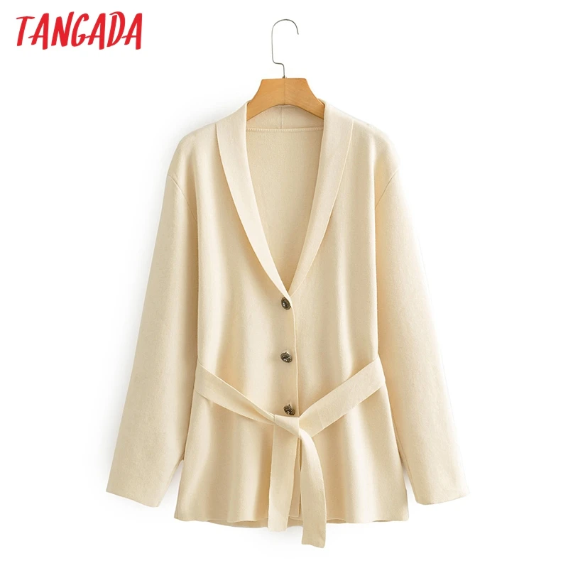 Женский вязаный кардиган оверсайз Tangada бежевый винтажный джемпер для офиса AI15