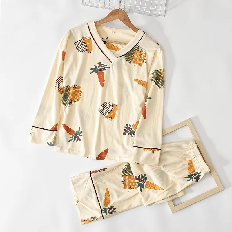 

Spring/Autumn New Women's Pajamas Soft Knitted Cotton Long Sleeve Ladies Sleepwear Set Fashion V-collar Loose Thin Lounge Wear