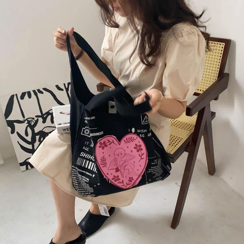 

Корейская модная женская сумка Ulzzang с милым принтом ангела, сумка на плечо в стиле ретро, повседневная Холщовая Сумка Y2k, женские сумки для по...