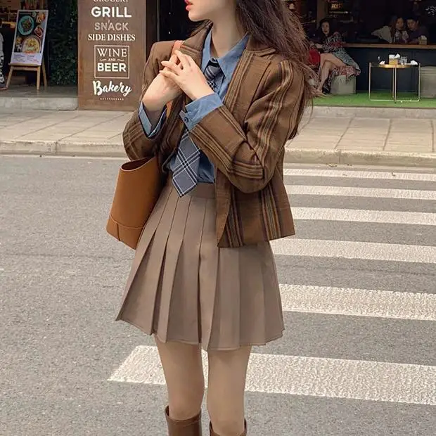 

Lauri Laki Vintage Plaid Jacket Women Elegant Short Lattice Single Button Long Sleeve Blazer Coat Spring 2021 Outerwear Chic