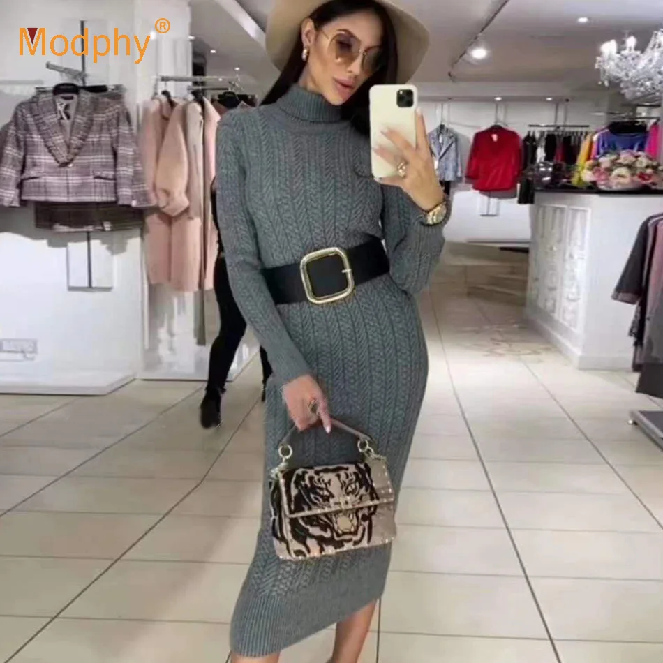 

Autumn And Winter Knitted Midi Long Dress Sexy Bodycon Long Sleeve High Neck Casual Party Women Sweater Dress 2020 New