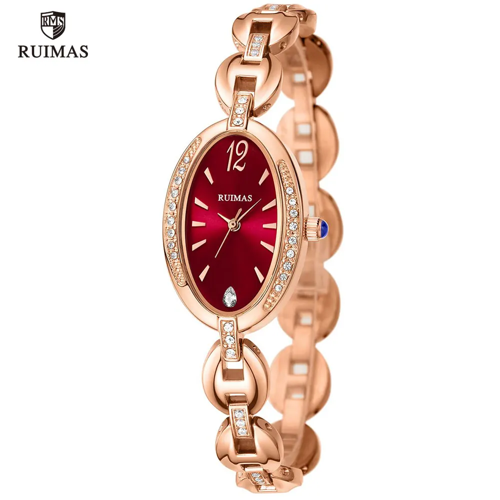 

Женские роскошные Брендовые Часы RUIMAS, простые Кварцевые водонепроницаемые наручные часы для женщин, модные повседневные красные часы, женс...