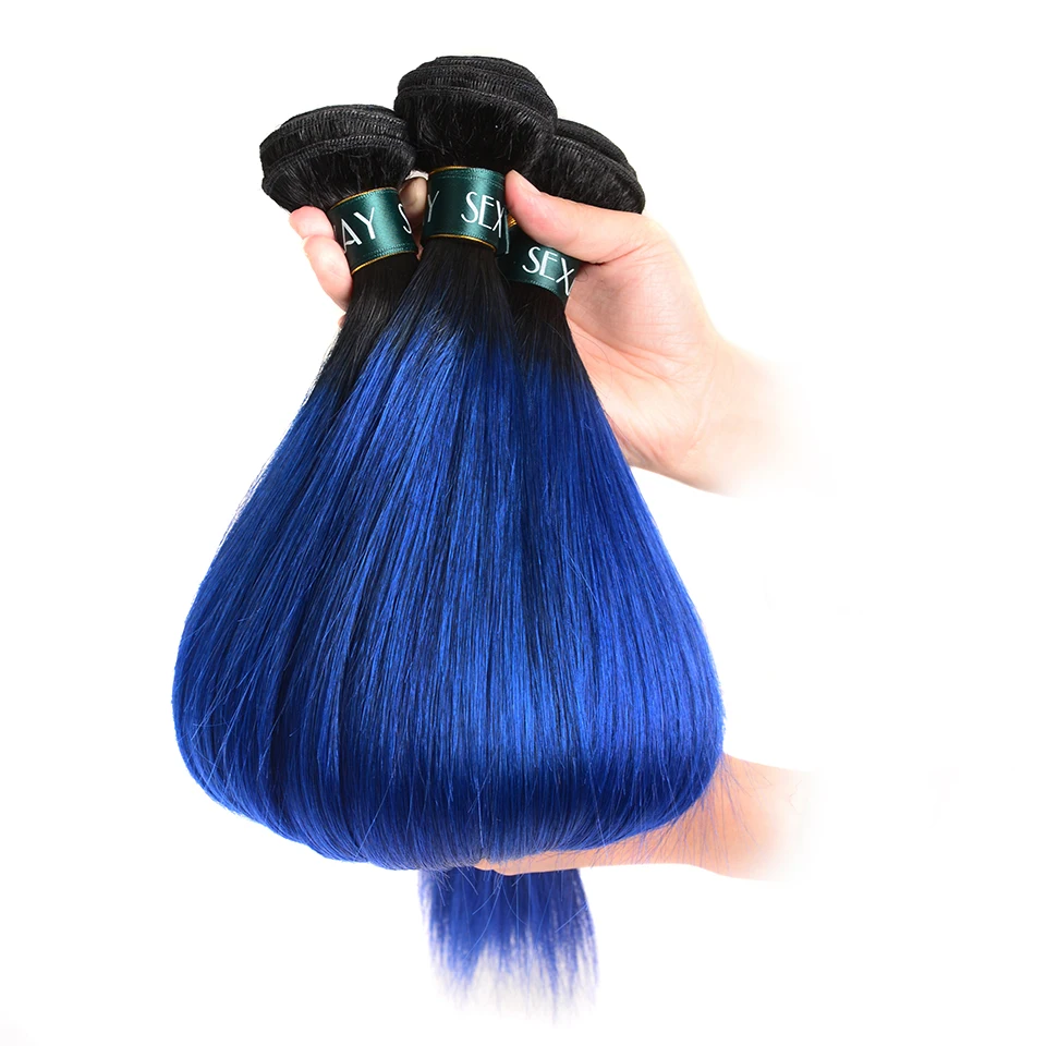 Sexay предварительно окрашенные 2 тона синие перуанские прямые волосы Омбре 3 пучка предложения новые T1B/синие темные корни человеческие волосы для наращивания