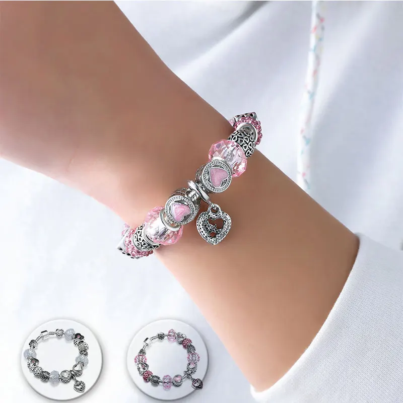 Серебряный браслет браслеты с бусинами из кристаллов высокое качество сердце