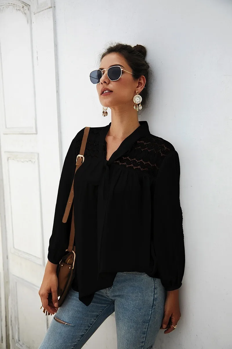 

2019 Autumn/winter Chiffon Shirt Long-sleeved Solid-colored Top Fashion V-Neck Lantern Sleeve Chiffon Blouse Women Tops