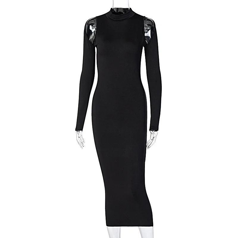 

2021 new round neck and back hollow-out long sleeve off-the-shoulder dress