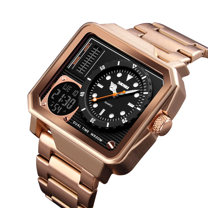 

Fashion casual watch steel strap gold square dual display electronic watch