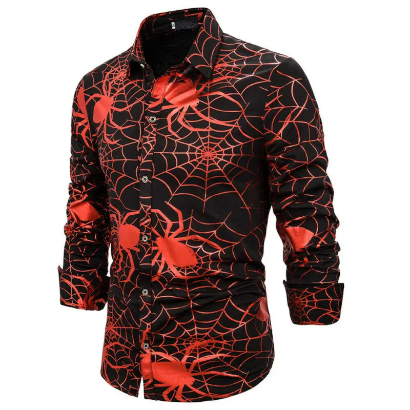

2019 Brand New Style Fashion Men Shirt Halloween Spider Print Long Sleeve Casual Shirt Top Tee Slim Fit Blouse