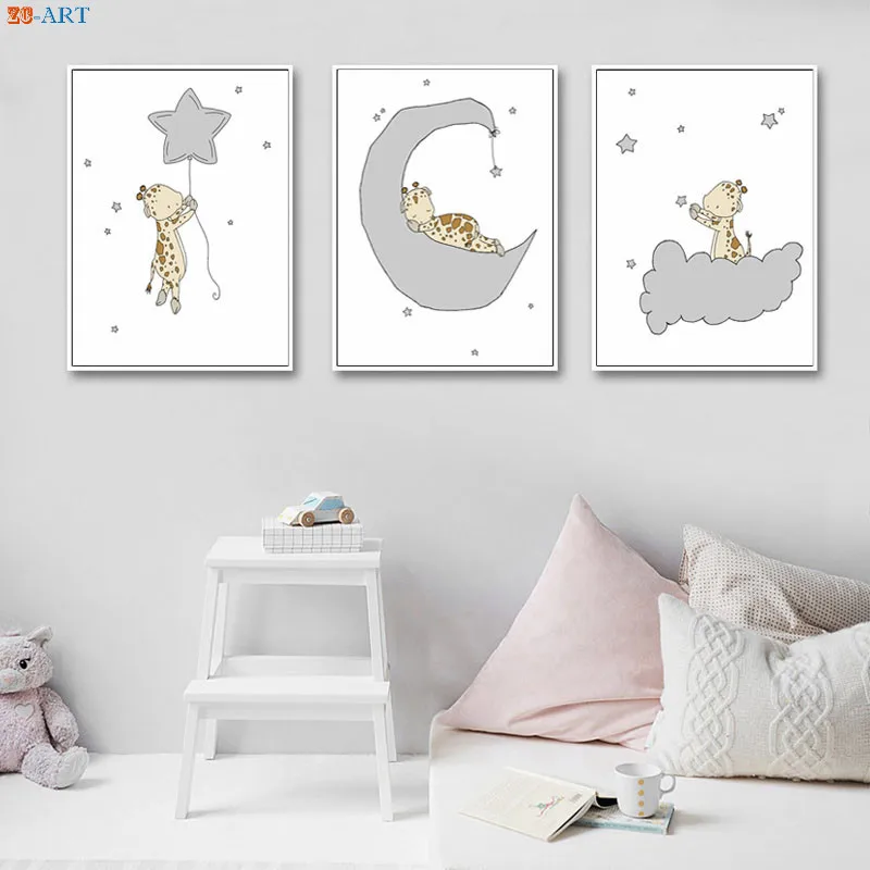 Жирафа с Луной и звездами Плакаты принты минималистское полотно настенные