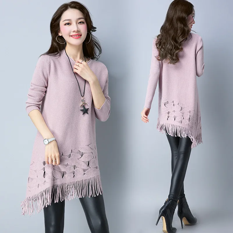 

2020 Women's Sweaters Autumn Winter Spring Long Knit Sweater Round Neck Tassel Pullover Sweater Ladies Knit Dress Vestidos A505