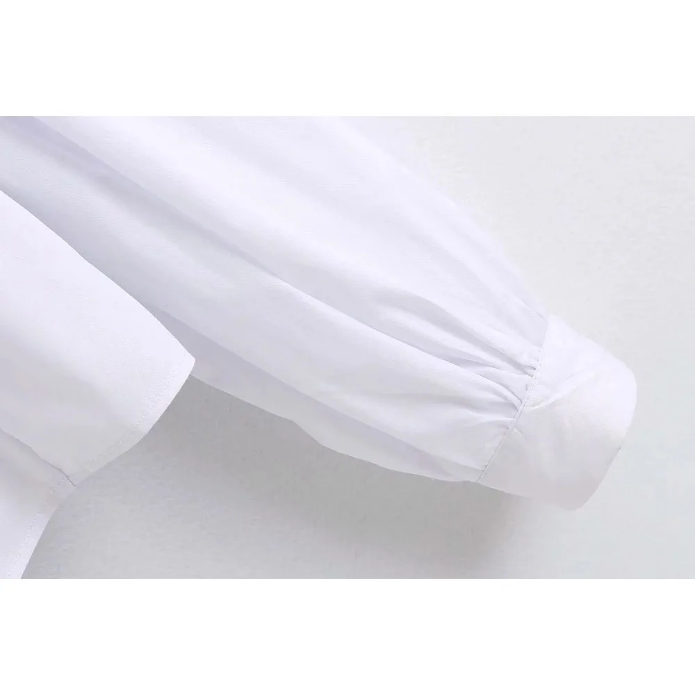 

Stylish Chic White Hollow Out Ruffles Short Blouse Women Fashion Turn-down Collar Tops Elegant Ladies Buttons Shirts