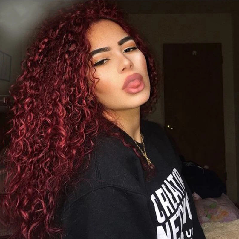 

Красный бордовый цвет вьющиеся 13X4 кружевные передние парики из человеческих волос шелковистые синтетические волосы парики из высокотемпе...