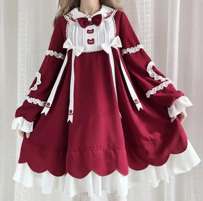 

NONSAR Lolita Red Dress New Year Merry Christmas Happy Bear Autumn Winter Embroidery Lantern Sleeve In The Party
