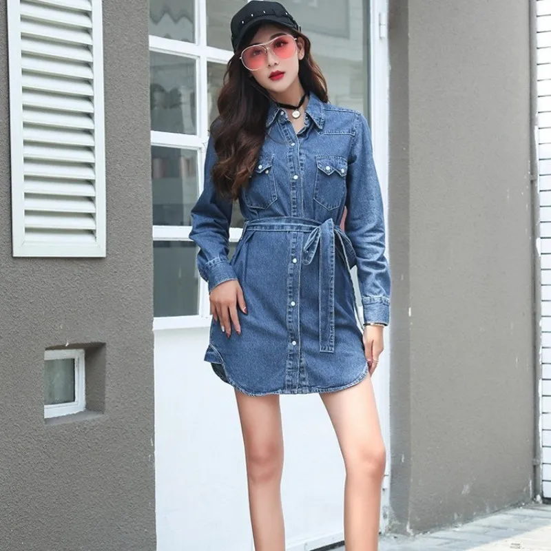 Весенняя новинка женские джинсовые длинные рубашки Корейская Повседневная