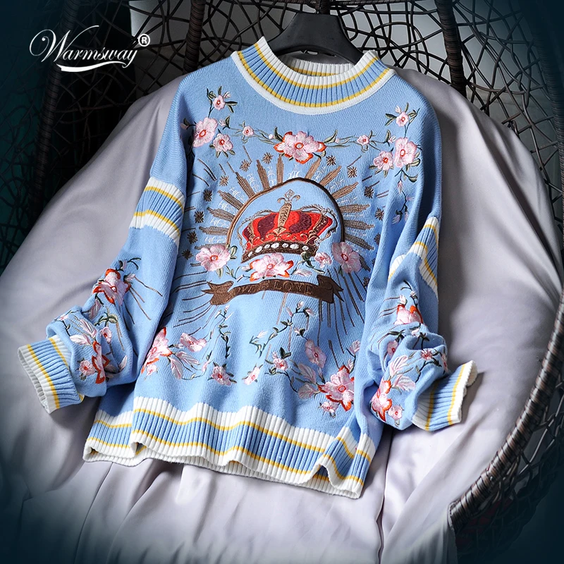 Runway Luxury Winter Knitting Pullovers Women's High Quality Floral Crown Embroidery Casual Loose Blue Sweater C-127 | Женская