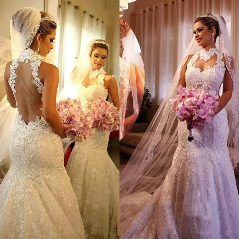 

Роскошное блестящее свадебное платье, сексуальное прозрачное кружевное платье с аппликацией из бисера, с высоким воротом, потрясающее плат...