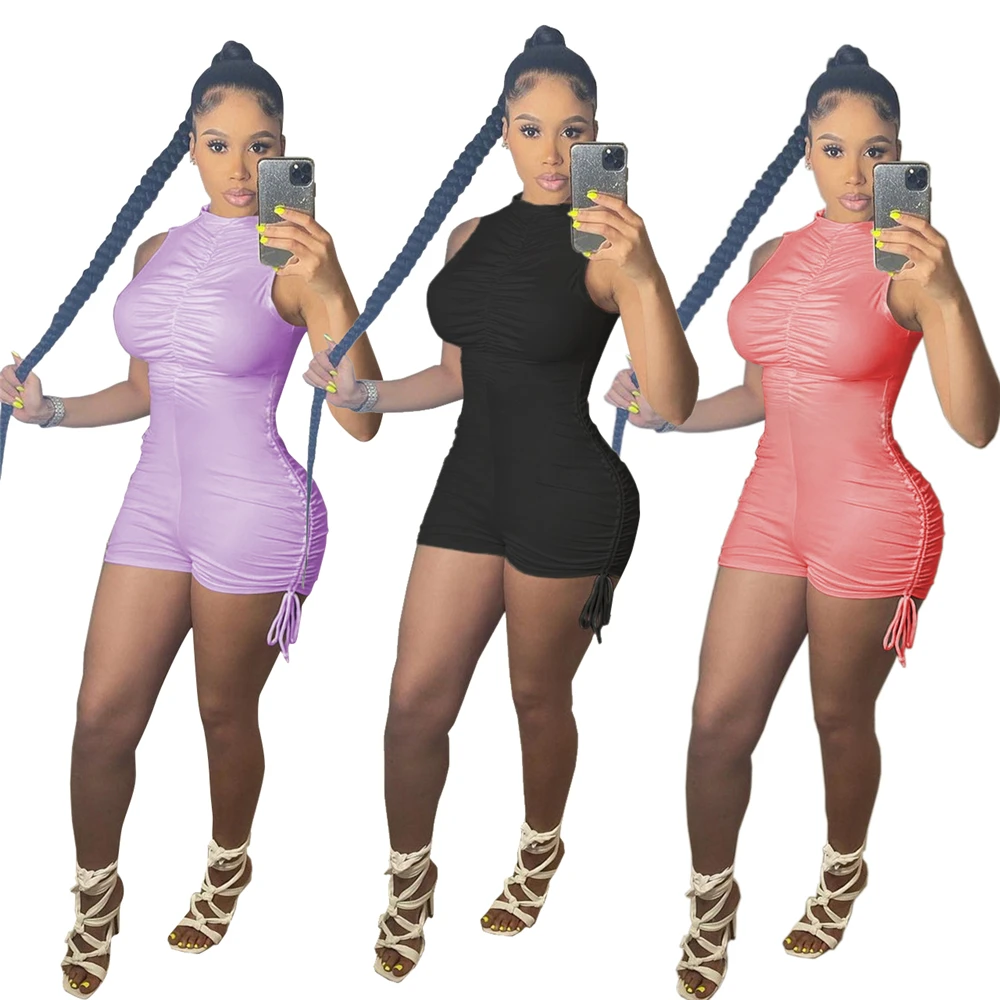 

Q21s841 European and American women's sleeveless vertical collar pleated summer sports zipper mid waist Jumpsuit spot supply