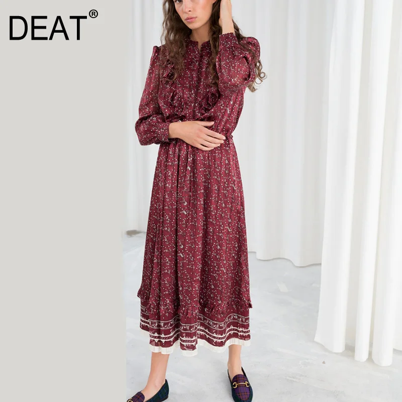 DEAT красное вино с длинными рукавами круглым вырезом рюшами завязками на талии