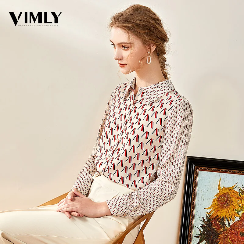 Vimly Весенняя женская винтажная блузка с принтом Офисная шифоновая рубашки
