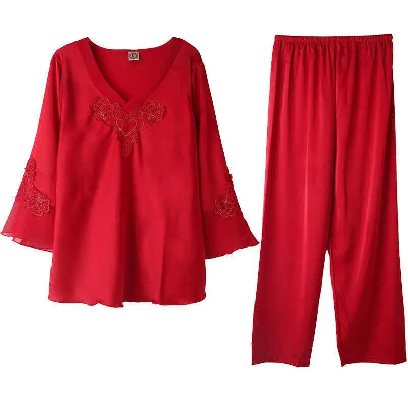 2021 New Summer Pajamas Women's Ice Thin Long Sleeve 2Pcs Suit Nightie Simulation Silk Large Size Leisure Home Wear Sleepwear