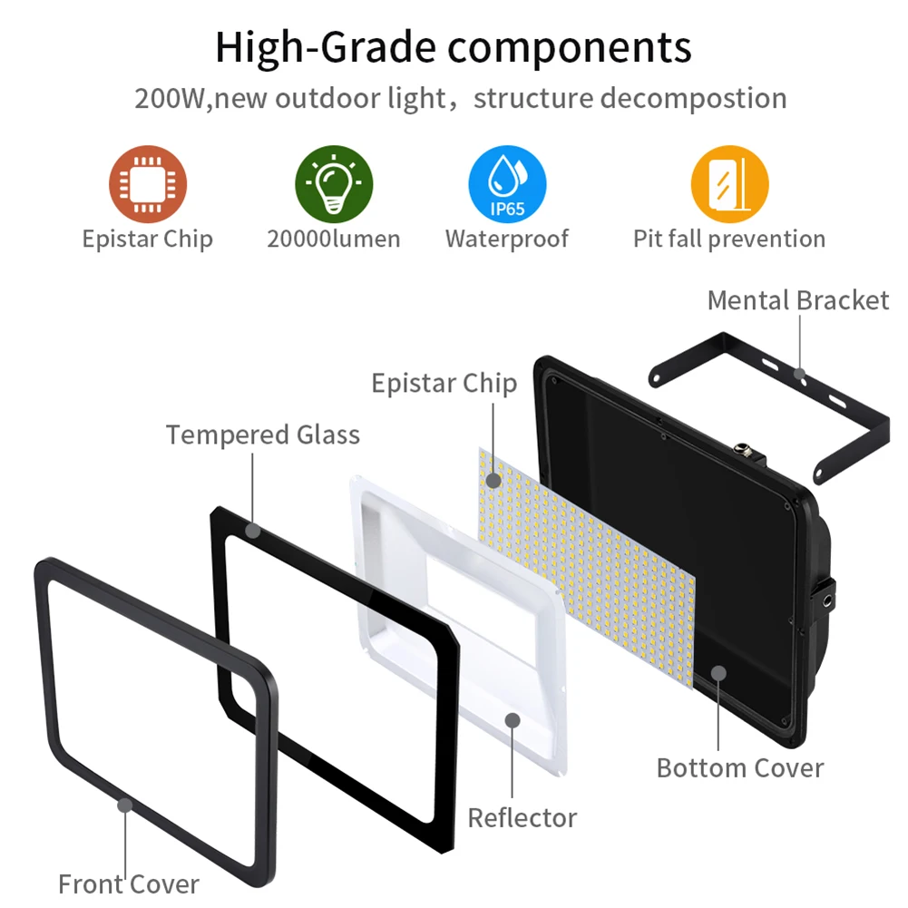 

300W LED Street Lamp Aluminum+Glass Floodlight SMD Outdoor Lamp Warm White Waterproof Sunlight Powered Floodlamp