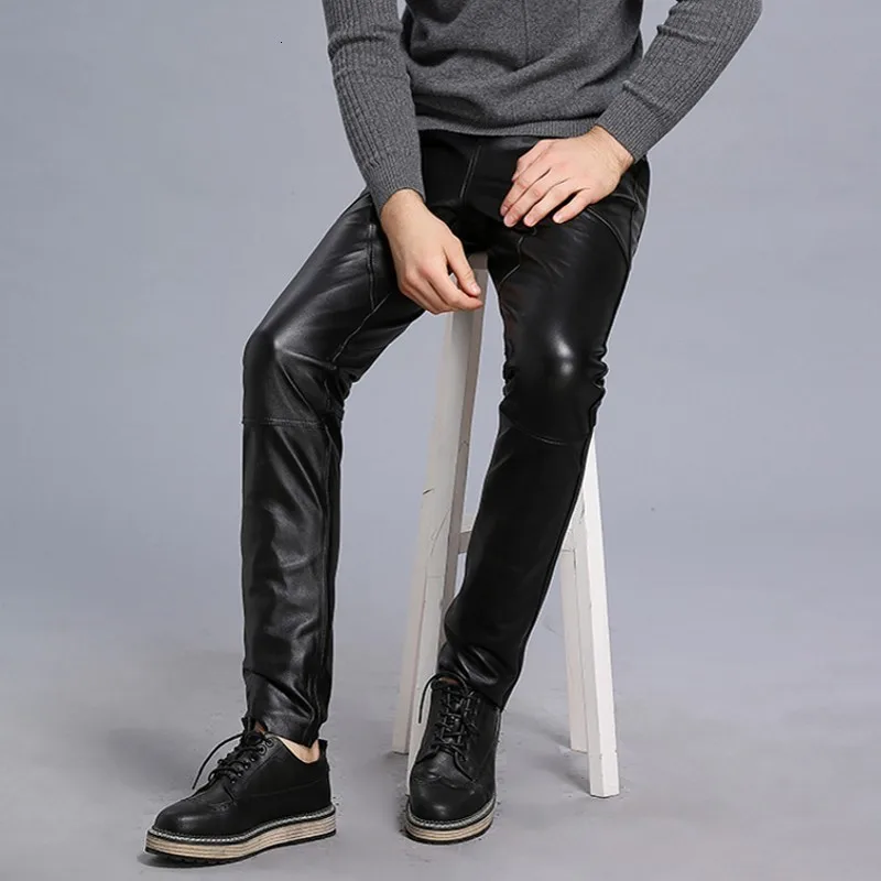 

Real leather Male Pantalon 2020 New Autumn High Street Business Classic Harem Male Trousers Biker Slim Skinny Pencil Pants Man