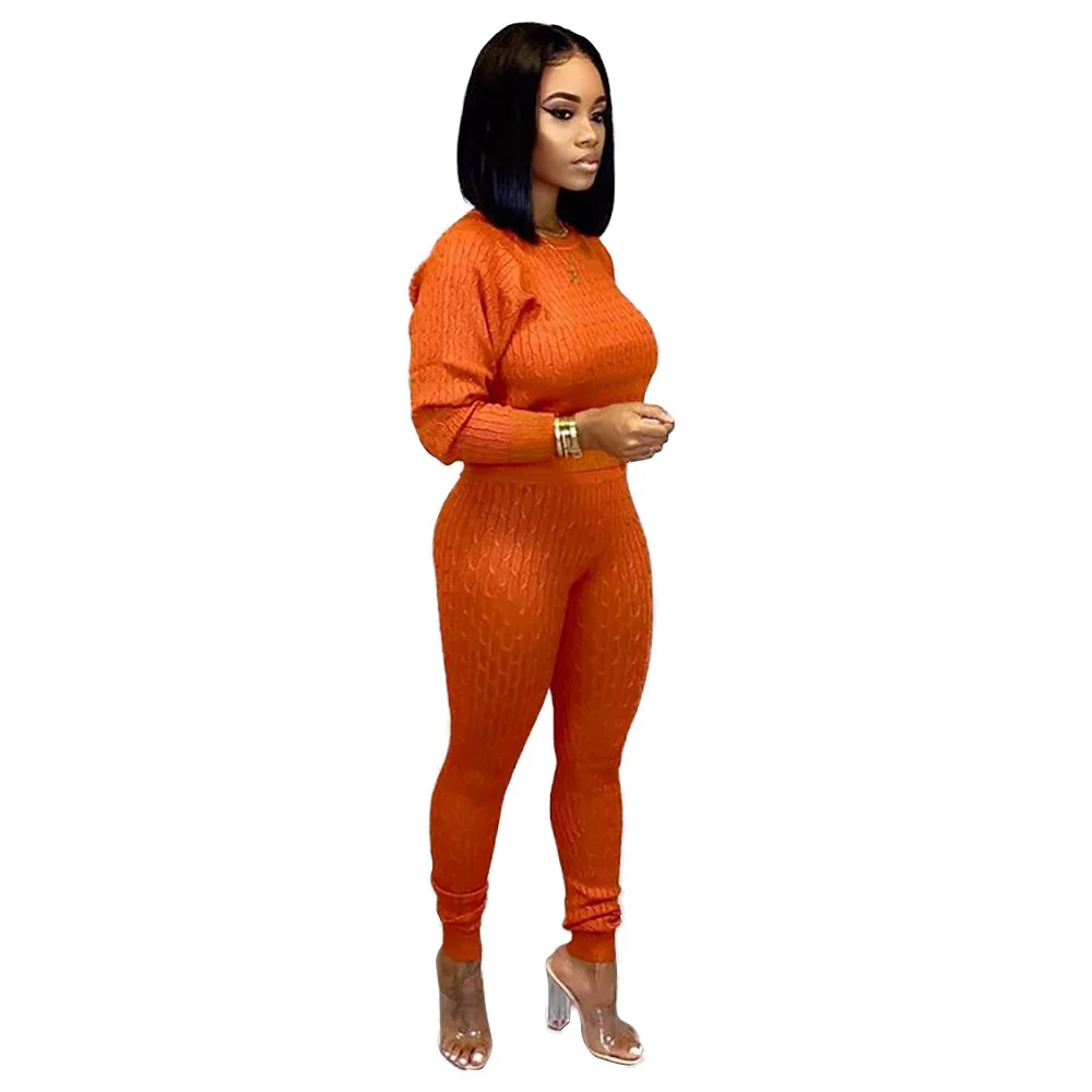 Autumn Winter Women Set Long Sleeve Knitting Sweater Pants Two Piece Tracksuit Club Sportwear Orange Yellow Outfits |