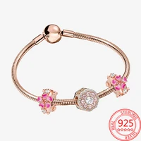 romantic 925 sterling silver bright peach flower clip charm bracelet set pan rose gold snake bracelet woman valentines day gift