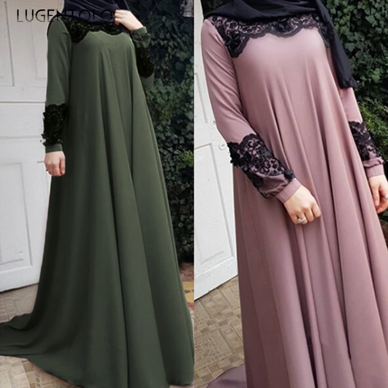

Long Dress Women Muslim Long Sleeves Lace Cuffs Autumn New Solid Plus Size Loose Floor-Length Office Lady Womens Dress Lugentolo