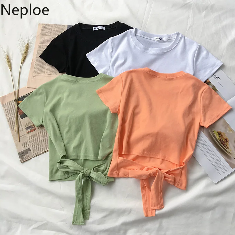 Женская футболка с коротким рукавом Neploe Корейская облегающая бантом и высокой