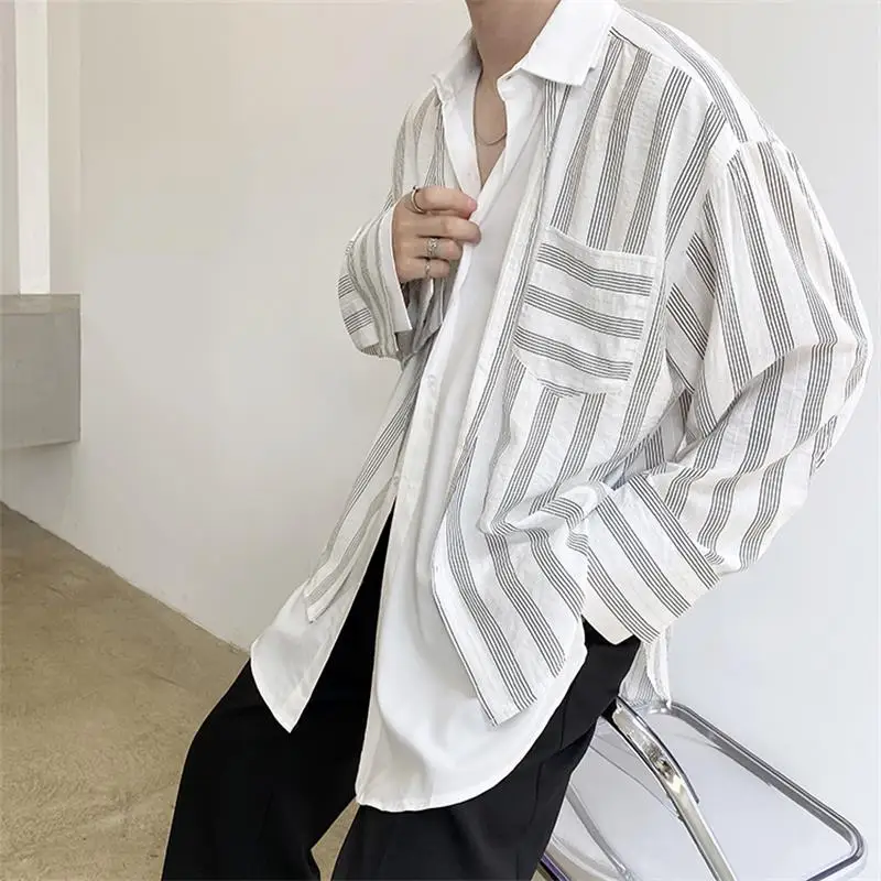 Men'S Long-Sleeve Shirt Spring And Autumn New Personality False Two Stripes Daily Casual Loose Fashion Large Size Shirt