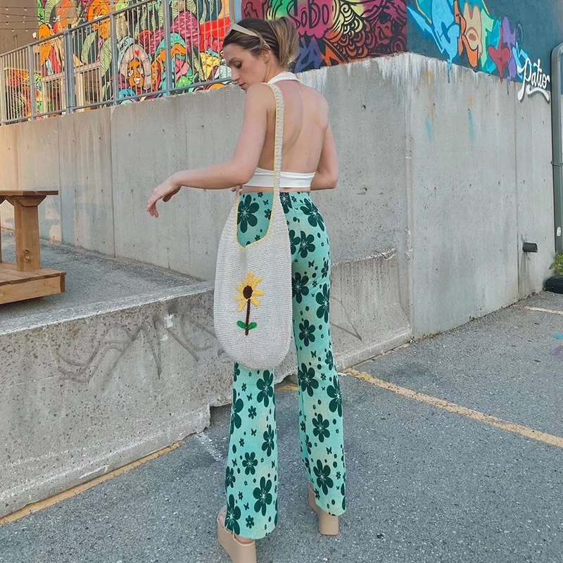 

HEYounGIRL Vintage Floral High Waist Pants Capri Summer Green Y2K Elegant Long Trousers Women Skinny Fashion Sweatpants 2021