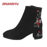 ankle boots for women 6 cm high heels autumn winter shoes new elegant fashion embroidered flowers black short plush boots femme