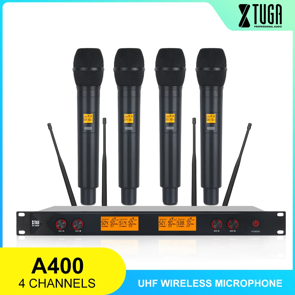 

XTUGA A-400 Metal Material 4-Channel UHF Wireless Microphone System with 4 Hand-held for Stage Church Family Party Small Karaoke