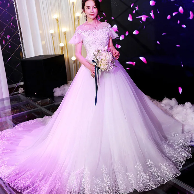 

Luxury Lace Appliques Wedding Dress Long 2019 Ball Gown Scoop White Wedding Gown For Bride Crystal Pearls Bridal Gown Robe De Ma