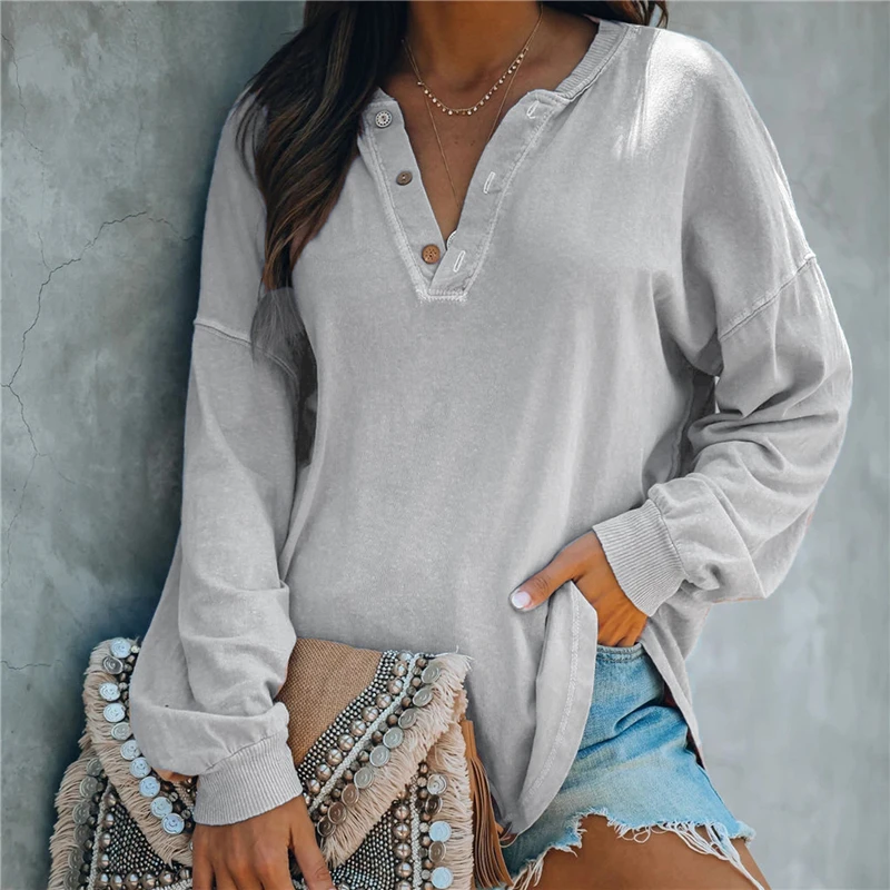 

Sexy V-neck Womens Tops And Blouses Autumn Solid Color Long Sleeve Blouse Pullover Tops Button Autumn Looose Blouse