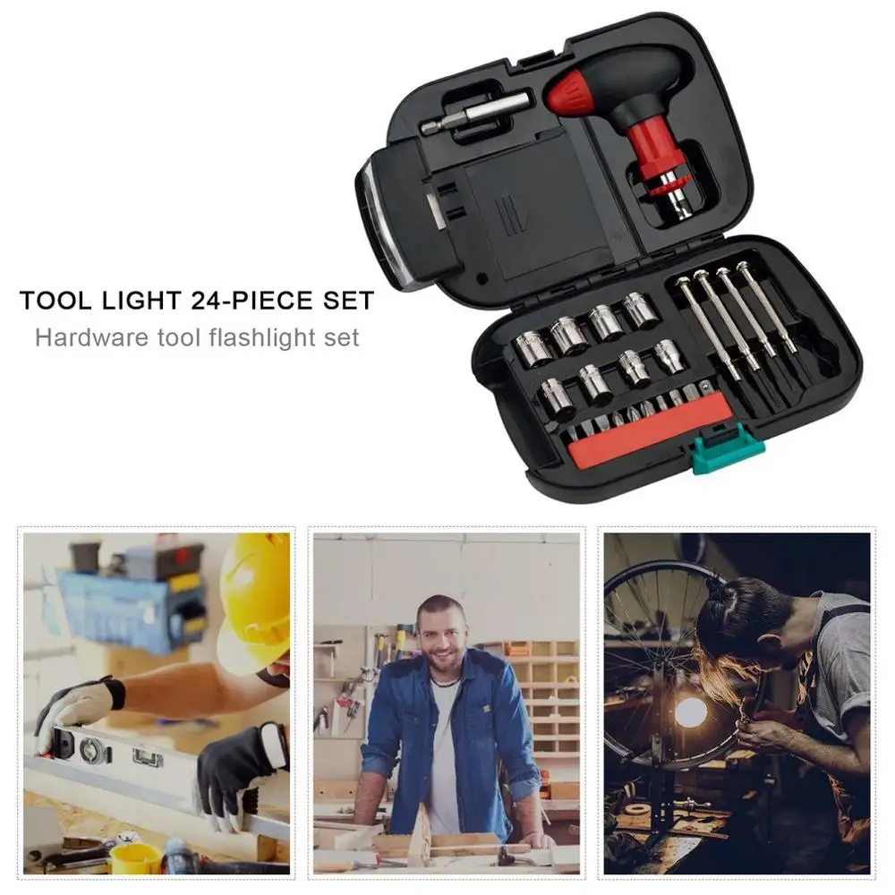 

24pcs/set Tool Set With Flashlight Hardware Tool Flashlight Set Portable Repair Tool Set With Flashlight Box