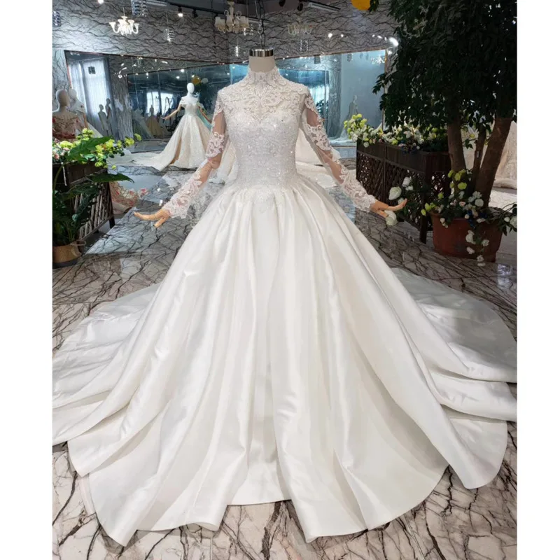 Атласное мусульманское свадебное платье BGW HT5611 с высоким воротом длинными