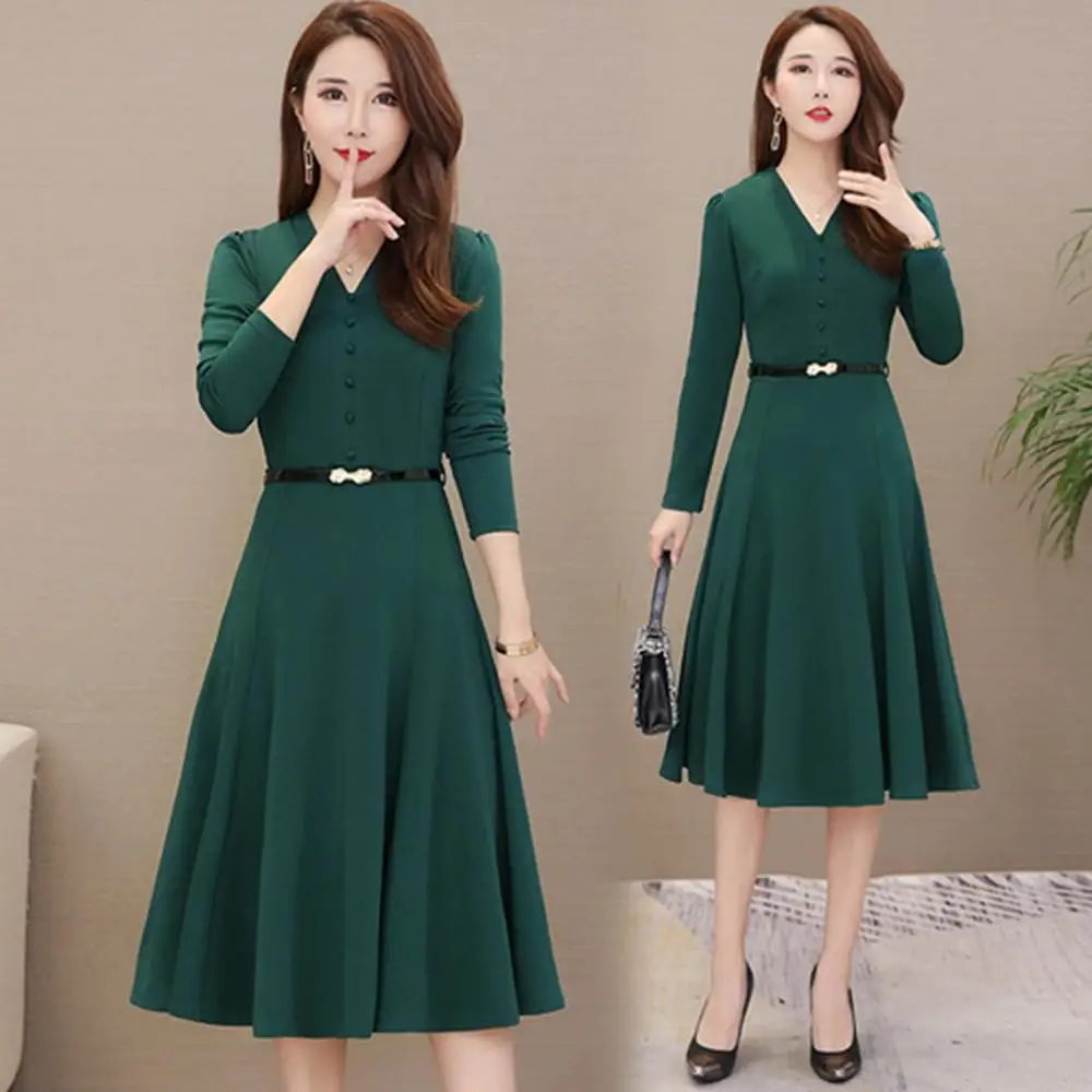 2019 осенне зимнее платье с длинными рукавами женское винтажное тонкое офисное