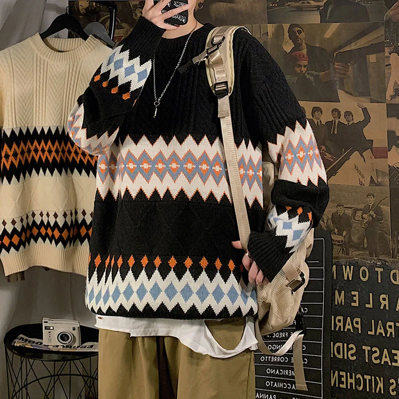 

Round Neck Sweater Diamond Design Jacquard Top Knitted Trend Casual Long-sleeved Warm Male Clothes Winter Retro College Pullover