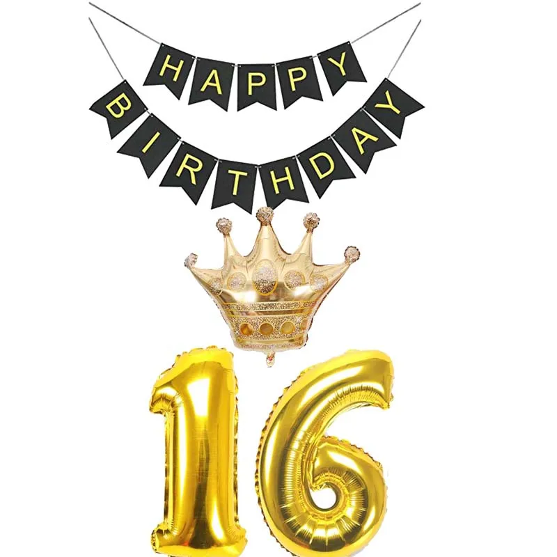 Золотые шарики короны Черный счастливый баннер для детей 10 16 18 20 21 30 40 50 60 70 80 лет