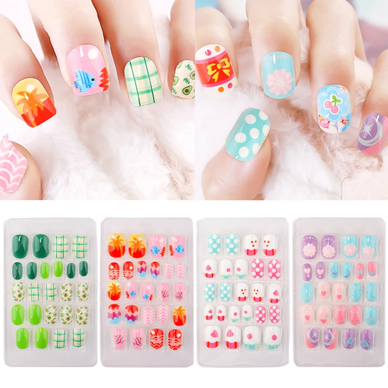 

24Pcs Kids Full Cover False Nails Self Adhesive Press On Nail Manicure Tips Green Avocado Plaid Fake Nails False Tips For Nails