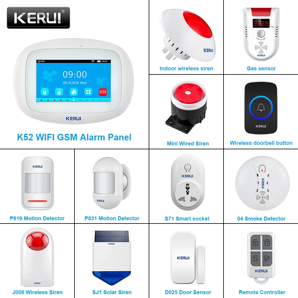 

Система домашней безопасности KERUI K52, Wi-Fi GSM сигнализация s 4,3 дюйма TFT цветной дисплей, беспроводная умная сигнализация с пассивным ИК датчико...