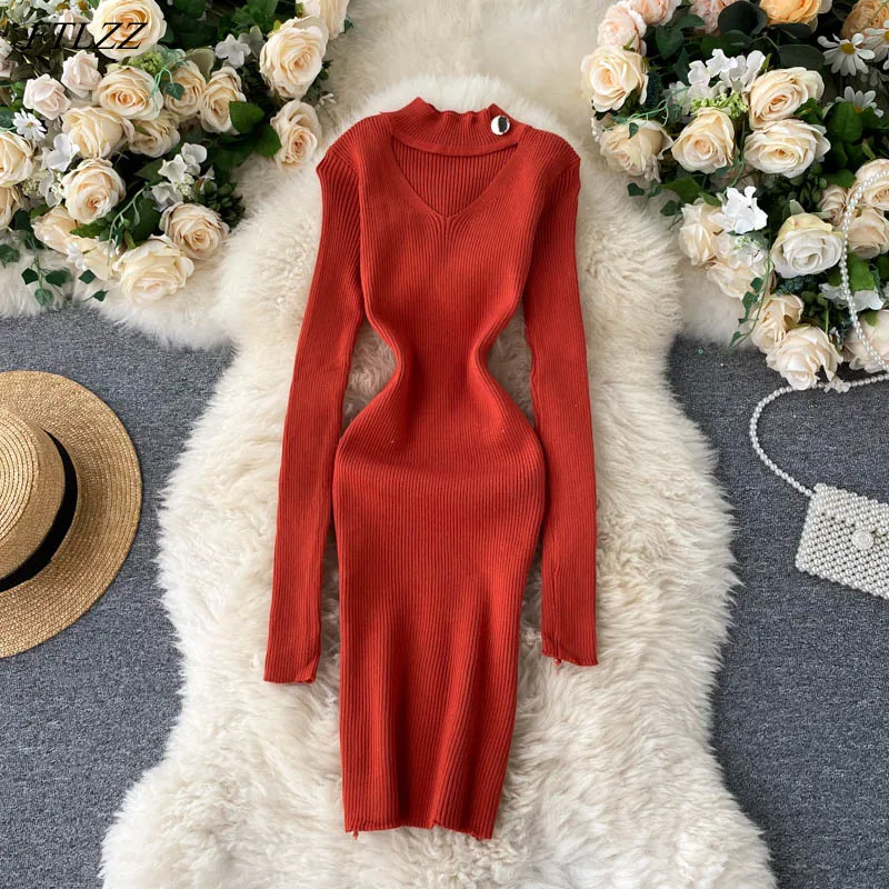 FTLZZ новое зимнее сексуальное женское ажурное вязаное платье элегантное