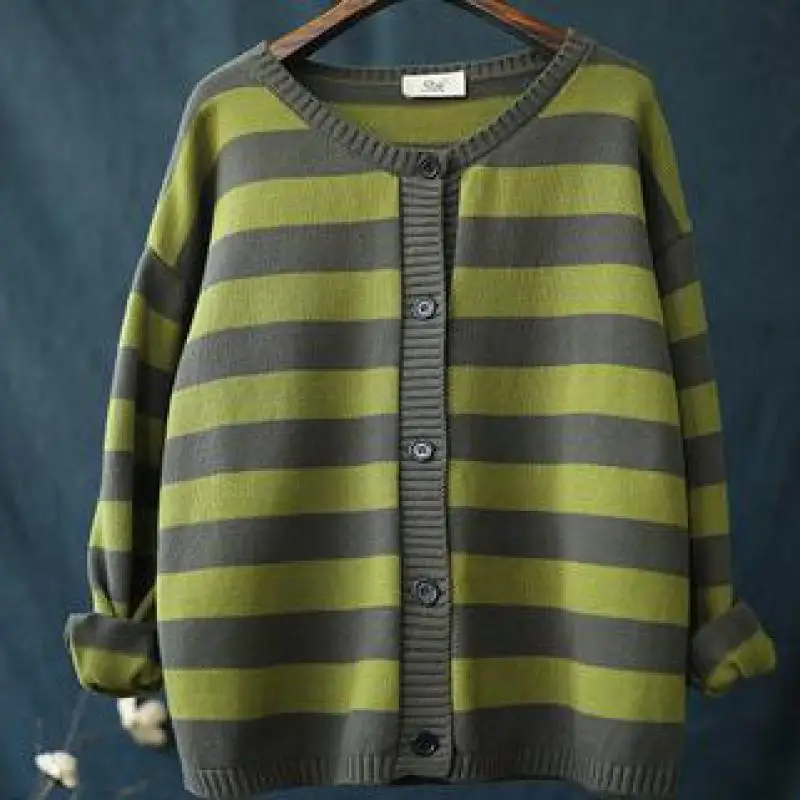 Johnature Autumn Women Sweater Striped Cardigan 2019 New Casual Vintage All-match V-neck Single Breasted Knitted |