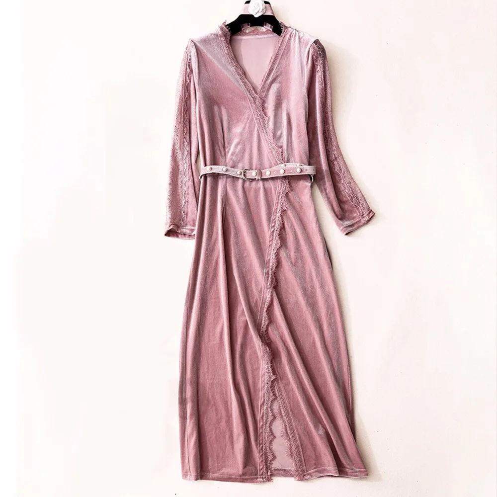 

Autumn Sexy Women 2021 Dress Long Slim Black Velvet Dress Female Elegant Lace Dresses With Belt Clothes Vestidos WYQ1033