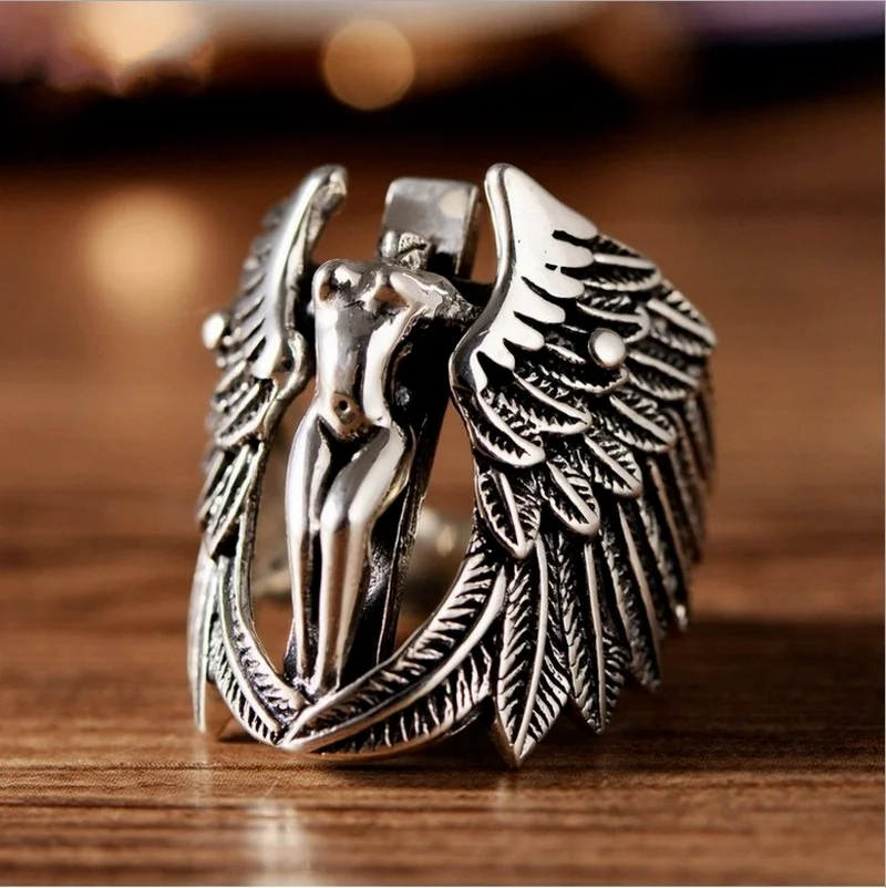 

Retro Thai silver guardian angel personality cross exaggerated wing ring men's domineering Ring Jewelry